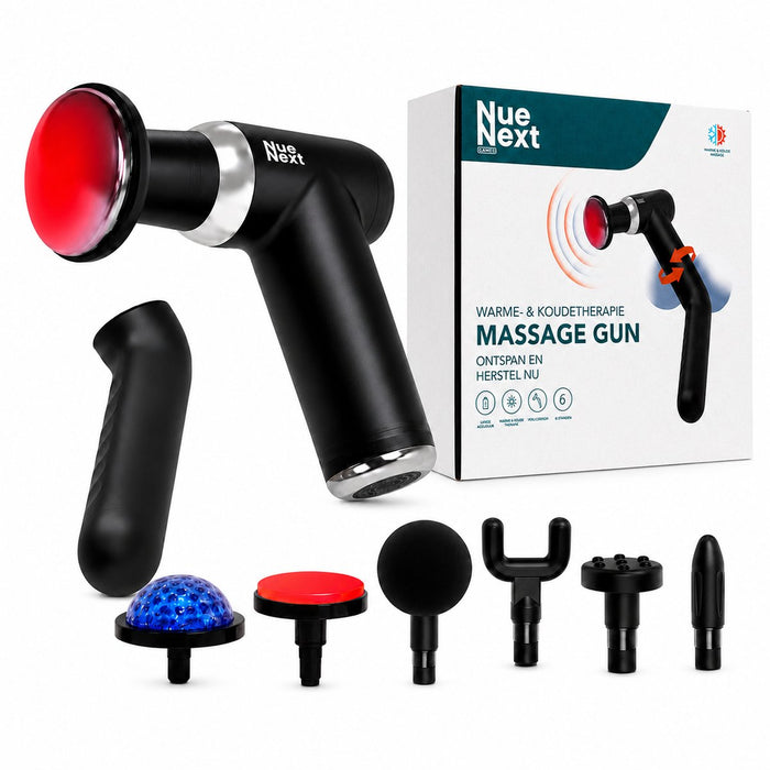 NueNext massage gun met verlengarm, zes massagekoppen en warmte- en verkoelingsfunctie